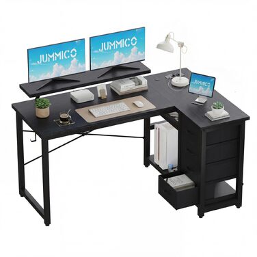 Кутовий комп'ютерний стіл L-подібний JUMMICO з 4 ящиками, розетками та USB, 140x80 см, чорний