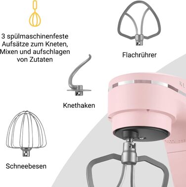 Кухонний комбайн KLAMER 1800W з чашею 6л з нержавіючої сталі, планетарний міксер для тіста з таймером, 10 швидкостей, набір насадок (гак, вінчик, міксер), колір Premium Pink
