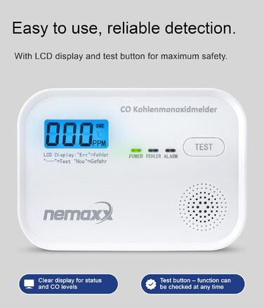 Детектор чадного газу NEMAXX® CM18 з LCD-дисплеєм, електрохімічний сенсор, 85 дБ, стандарт EN 50291-1:2018, термін служби 10 років