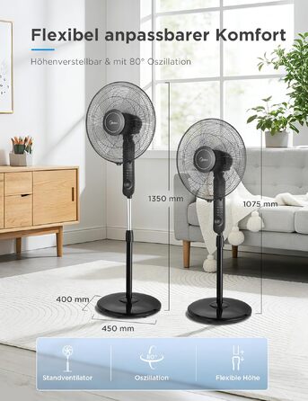 Вентилятор підлоговий Midea FS40-15FR з пультом, 3 режими, LED дисплей, таймер, регульована висота, чорний