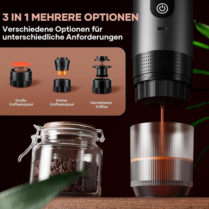 Портативна кавомашина Espresso Kejector з акумулятором: для дому, в подорожах, в авто. 3-в-1: кава, еспресо, капсули. Digital display, металевий сірий.