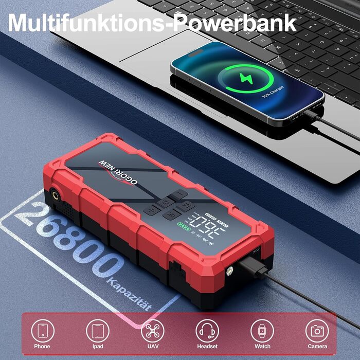 Powerbank для автомобіля з компресором Starthilfe 6000A, LED-ліхтарик, 12V, для 8L бензину/10L дизеля