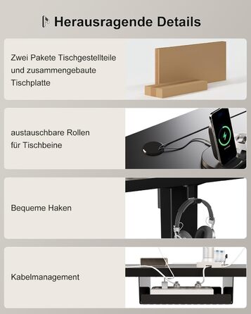 Регульований стіл Homall 200x80 см з USB-портом, електричний, з органайзером для кабелів, пам'ять позицій, для комп'ютера, чорний