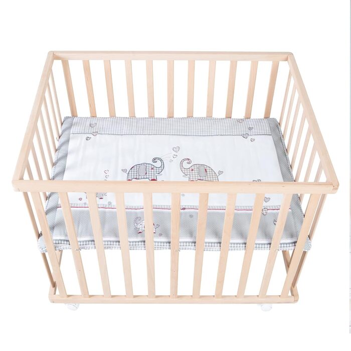 Дитячий манеж-ліжко roba Jumbo Twins 75x100 см, дерев'яний, з матрацем і колесами, регульований по висоті, натуральне дерево