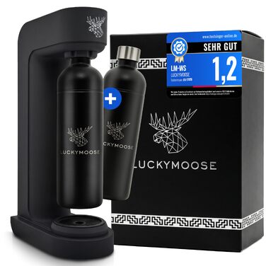 Сифон для газування води Luckymoose Infinity, 2 сталеві пляшки по 1,25л, сумісність з синіми циліндрами CO2 60л, чорний