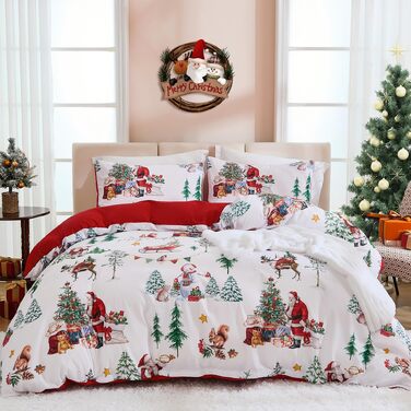 Комплект зимової постільної білизни WONGS BEDDING з новорічним принтом (Дід Мороз), мікрофібра, 2 предмети: підковдра 135x200 см та наволочка 80x80 см, білий