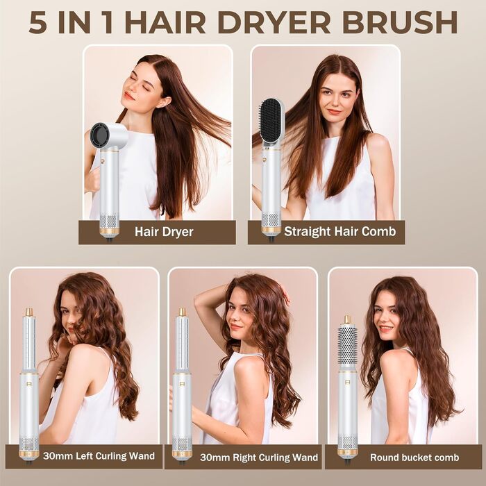 UMIGA Hairstyler 5-в-1: Фен-щітка, плойка, випрямляч для волосся (білий) - професійний набір для укладки