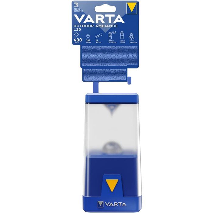 Кемпінговий ліхтар VARTA LED Ambiance L20 з димером та кольоровими режимами, працює від 6x AA батарей, для риболовлі, відпочинку на природі, аварійних ситуацій, без батарей