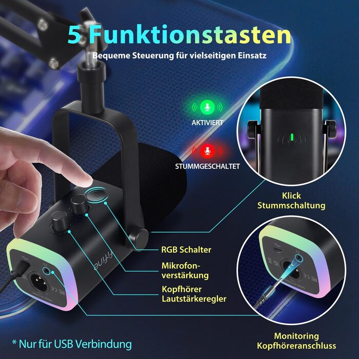 Динамічний мікрофон FIFINE XLR/USB з тримачем для стрімінгу, подкастів, студії, ігор, ПК, PS4/5, Mac, мікшерів, із кнопкою вимкнення звуку