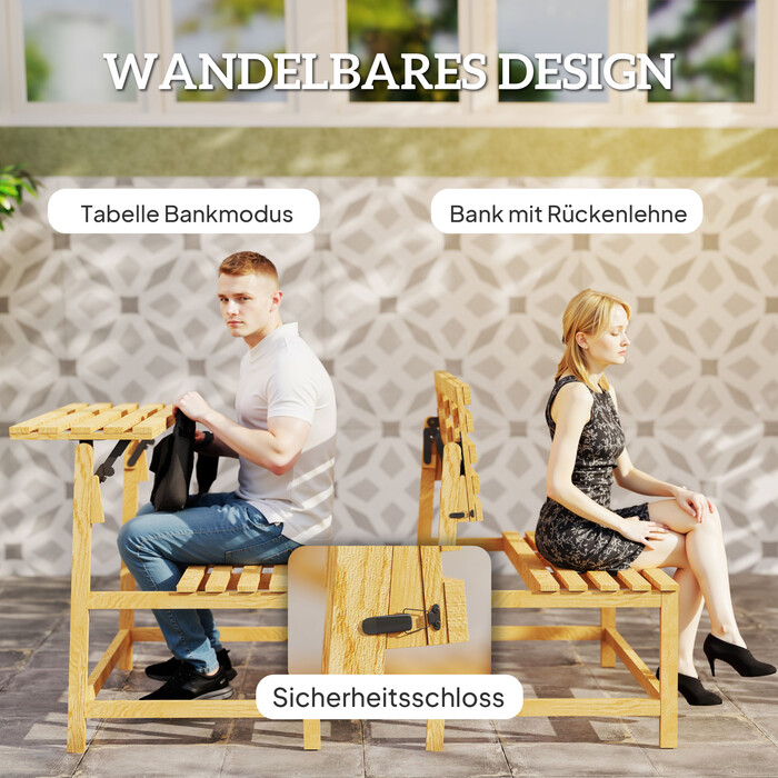 Outsunny 2-місна садова лавка дерево, стійка до погодних умов, садові меблі, стійкі до ультрафіолету, зі змінними спинками, паркова лавка 240 кг з навантаженням, дерев'яна лавка для балконної тераси, сад, 110x61x89см, тик