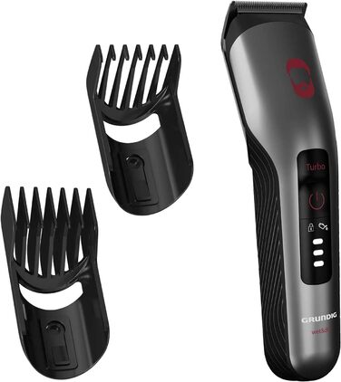 Машинка для стрижки волосся та бороди GRUNDIG ProClub MC 8030 з сенсором BeardCare, титановими лезами, 2 насадками, довгий час роботи, для вологого та сухого використання, темно-матовий хром/червоний