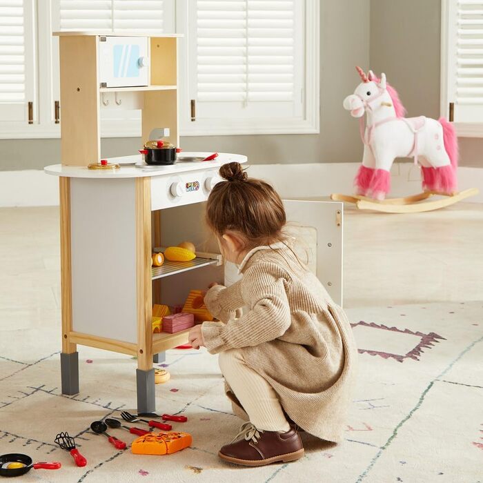 Дитяча іграшкова кухня Spielwerk з дерева, зі звуком, аксесуарами (35 предметів), мікрохвильовкою, духовкою, заокругленими краями, регульована по висоті, ігрова кухня Happy Kitchen