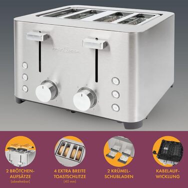 Тостер ProfiCook 4-слотовий, нержавіюча сталь, 1500 Вт, широкий слот, підставка для булочок, 7 режимів підсмажування, зйомна крихтова підставка, PC-TA 1252