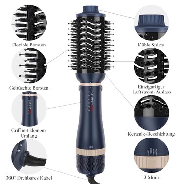 4-в-1 фен-щітка PARWIN PRO BEAUTY, стайлер з іонізацією, 4 насадки для сушіння, випрямлення, завивки та об'єму, жовта
