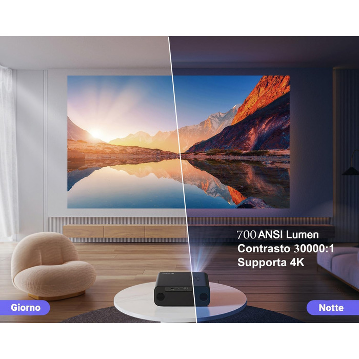 Проектор LED 4K Heikino з Автофокусом та Трапецеїдною Корекцією, WiFi6, Bluetooth, Dolby Audio, Netflix, Android/iOS, для Відкритих Просторів (Чорний/Сірий)