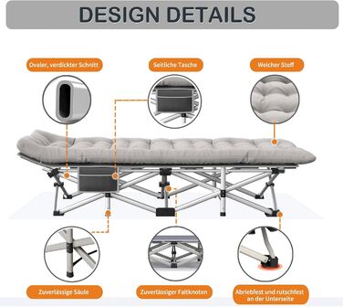 Складане кемпінгове ліжко Newfulam XXL/XL до 400 кг з матрацом, бічною кишенею та сумкою для перенесення — розкладне гостьове ліжко для кемпінгу, дому, офісу, саду та відпочинку