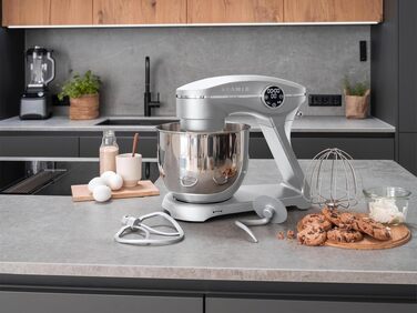 Кухонний комбайн KLAMER 1800W — планетарний міксер для тіста з чашею з нержавіючої сталі 6л, 10 швидкостей, таймером та набором насадок (гак, вінчик, міксер), сріблястий