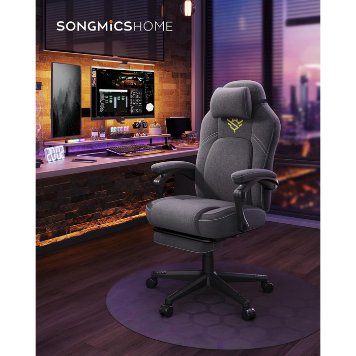 Ігрове крісло SONGMICS HOME, ергономічне комп'ютерне крісло з підніжкою, офісне крісло з підголівником, бавовняно-лляна оббивка, регулювання висоти, сіро-голубий OBG072G01