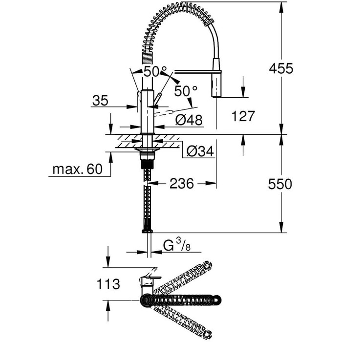 Змішувач кухонний GROHE Get з висувним душем, 2 режими, 360° поворот, економія води, монтаж без інструментів, хром - 30361000