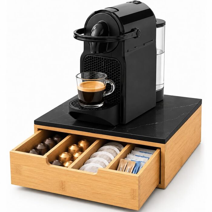 Держак для кавових капсул BAKAJI з шухлядою з бамбукового дерева для Nespresso, Dolce Gusto, Modomio, Lavazza, чайних пакетів та цукру, чорний (31,5 x 30 x 10 см)