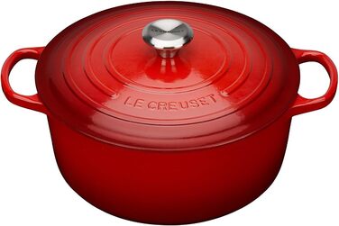 Le Creuset круглий чавунний жаровий посуд Signature 20 см, вишневий + силіконова прихватка кругла чорна