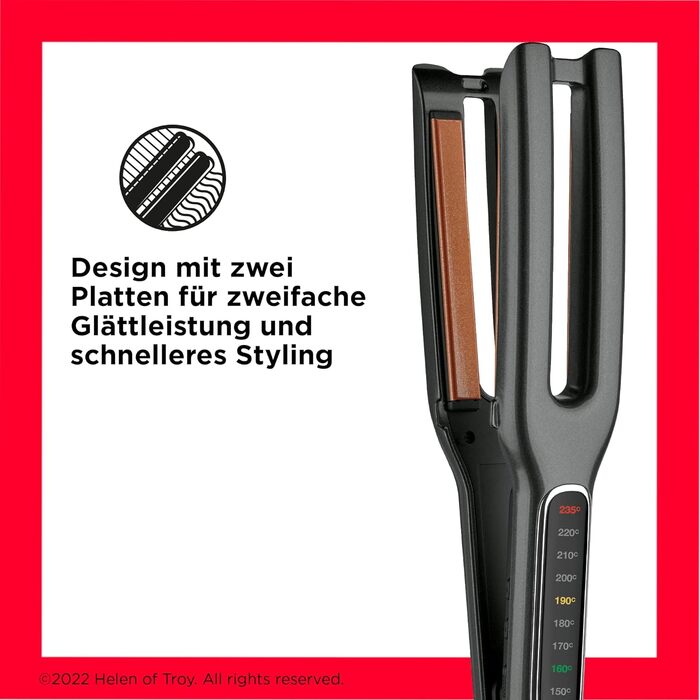 Випрямляч для волосся Revlon Double Straight з двома пластинами, сучасна мідно-керамічна технологія, LED-дисплей, інтелектуальна пам’ять температури, 10 режимів до 235°C, RVST2204E