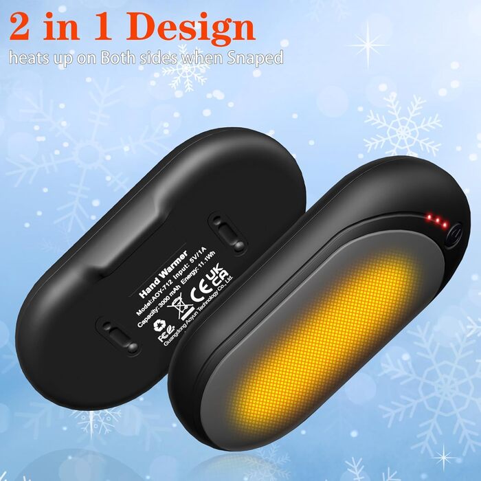 Електричний грієчка для рук, перезарядна, 2 шт. з акумулятором 6000mAh, USB-кабель, 3 режими нагріву, 20 годин тепла, перезарядна кишенькова пічка для активного відпочинку взимку (чорний, сірий)