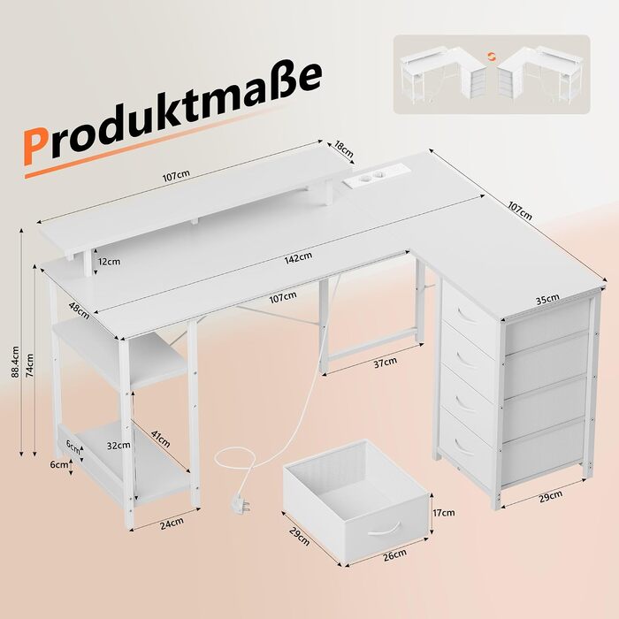 Кутовий ігровий стіл YOUDENOVA L-подібний з LED-підсвіткою, 4 шухлядами та розеткою, комп'ютерний стіл для геймерів та офісу з полицею для монітора, білий, 142x107 см
