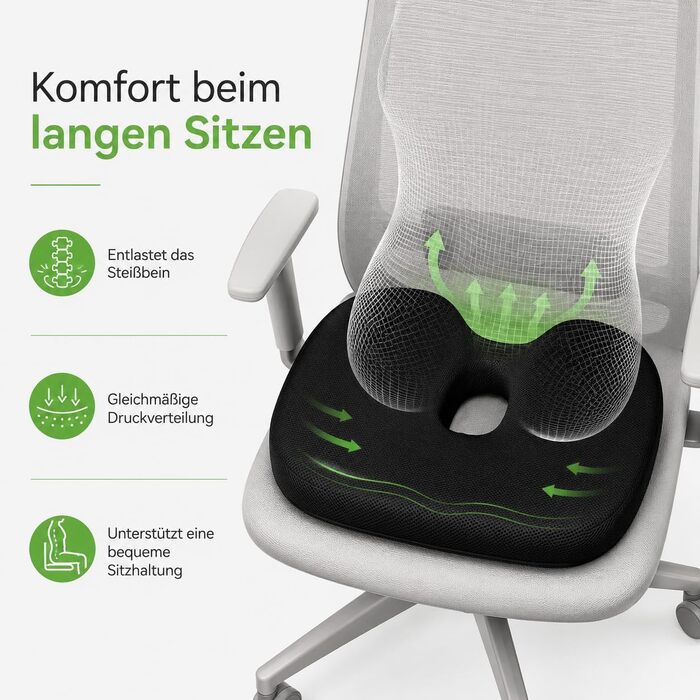 Подушка ортопедична для сидіння з піни Memory Foam, чорна. Зняття тиску на куприк для офісного крісла, авто, інвалідного візка, дому. Нековзка, знімний чохол.