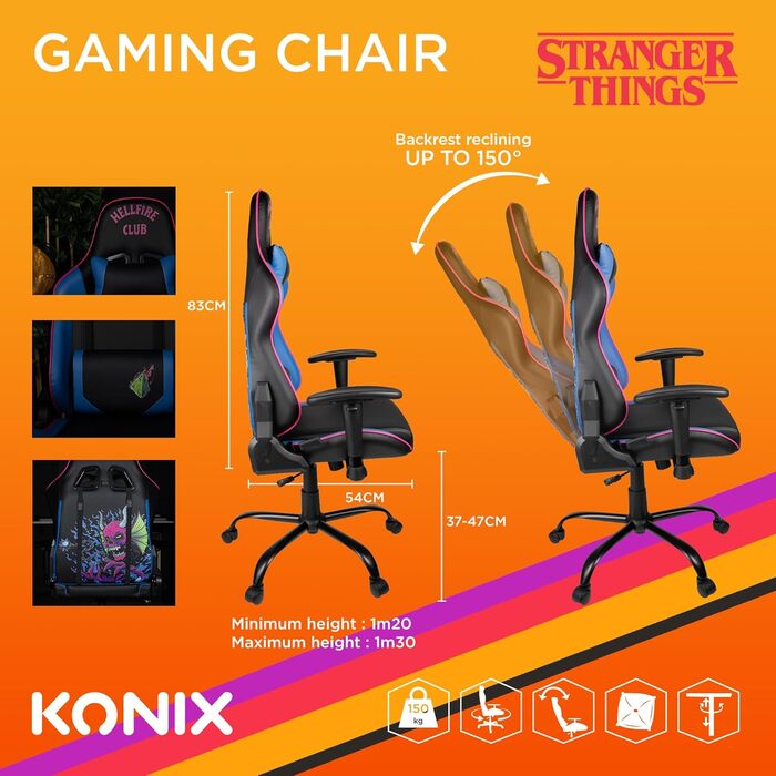 Ігрове крісло Konix Stranger Things Hellfire Club, преміум, PVC шкіра, сидіння 150°, подушки для попереку та шиї, чорне/синє