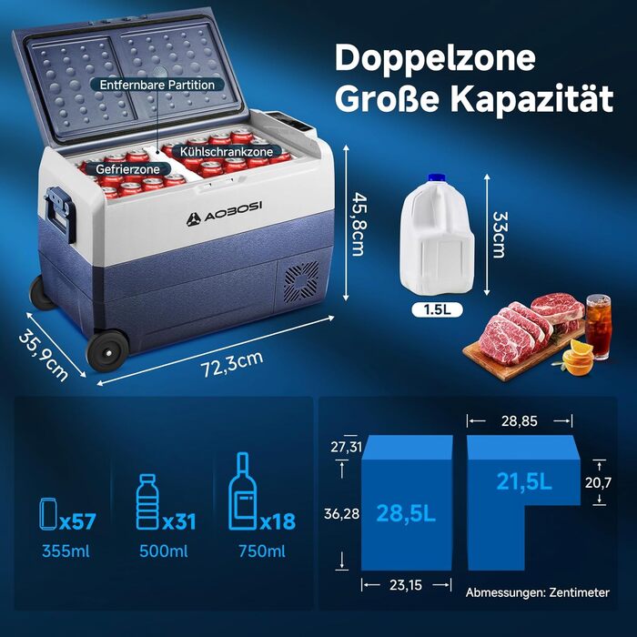 Автомобільний компресорний холодильник AAOBOSI 50л з Wi-Fi, 12/24V/220V, -20°C для авто, кемпінгу, вантажівок, з двома зонами охолодження