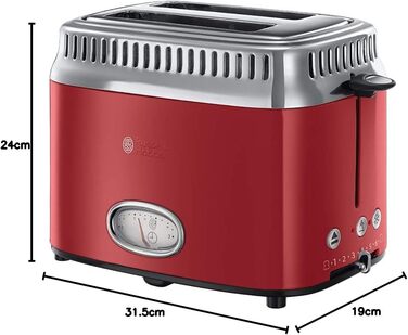 Тостер Russell Hobbs Retro 21680-56, нержавіюча сталь, червоний, 2 тости, 6 режимів, розморожування, підігрів
