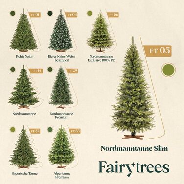 Штучна ялинка FAIRYTREES Nordmanntanne Slim Premium з білим снігом та шишками, PVC, 220 см, з дерев'яною підставкою