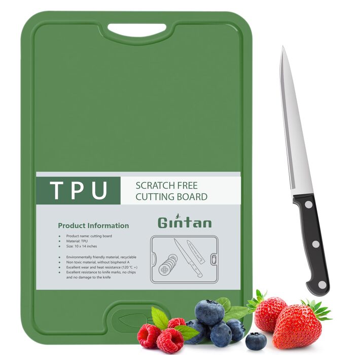 Дошка обробна Gintan 2 шт., гнучка TPU, без BPA, з жолобом для рідини та ножа, антиковзка, сіра + зелена (темно-зелений)