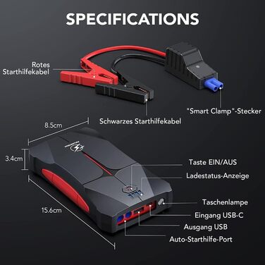Powerbank для запуску авто FLYLINKTECH 4000A, 12V. Запуск до 9L бензину/8.5L дизеля. IP67, водонепроникний. LED, USB та USB-C.