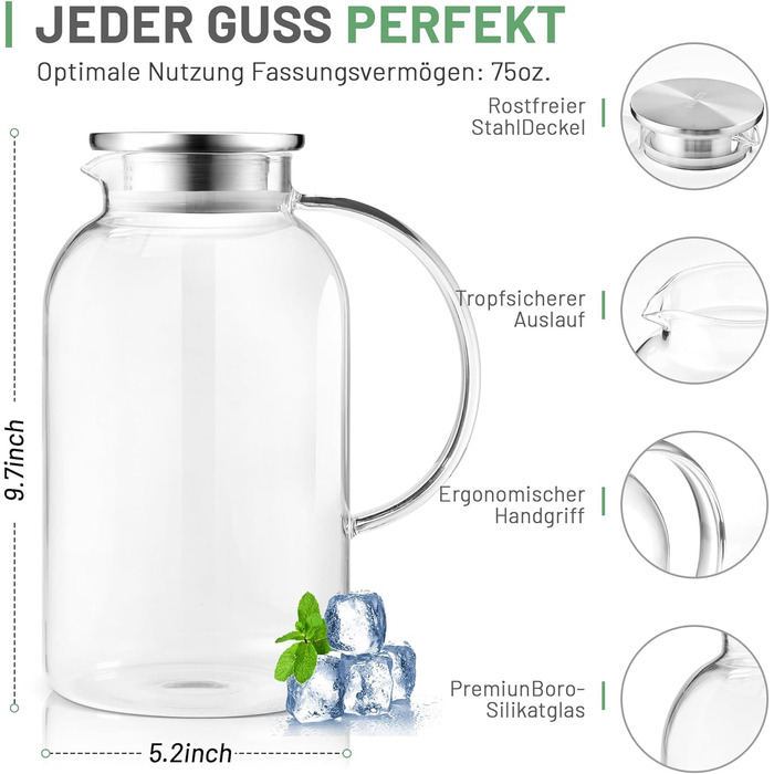 Скляна карафа SUSTEAS 2.0/2.5 л з кришкою для води, соку, кави, чаю та вина