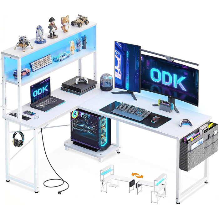 Ігровий кутовий стіл ODK Gaming з LED-підсвіткою, полицею-дисплеєм та розеткою, 135×100 см, білий