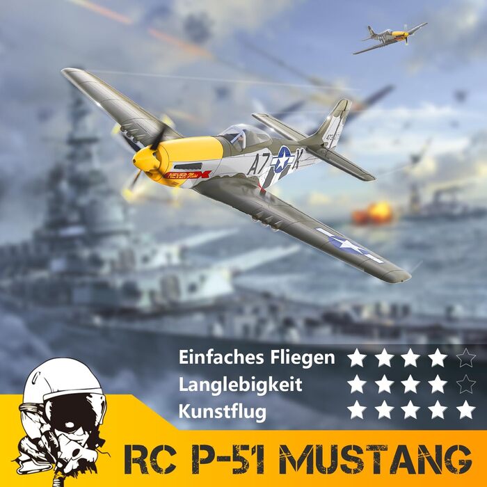 RC літак HAWK'S WORK P-51D Mustang 2.4GHz - Готовий до польоту, 6-осьовий гіростабілізатор, для дітей та початківців (зелений, безщітковий)