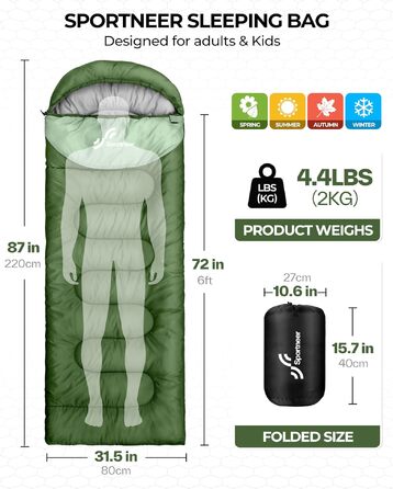 Спальний мішок Sportneer Outdoor у формі ковдри, 220x80 см, зелений