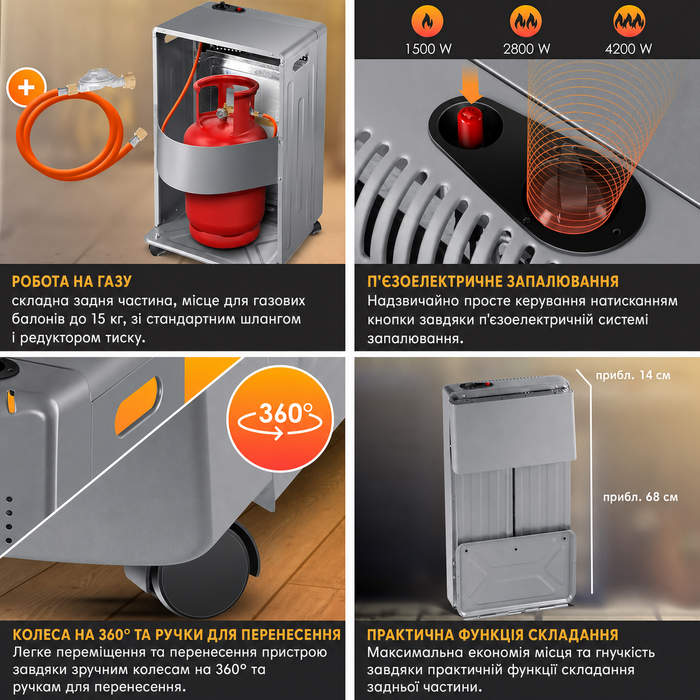 Газовий обігрівач KESSER® 4200W з керамічним нагрівачем, газовий опалювач, інфрачервовий нагрівач з бутаном/пропаном (до 15кг), сірий, з регулятором тиску, шлангом та захисним кожухом (Газовий балон не входить у комплект)