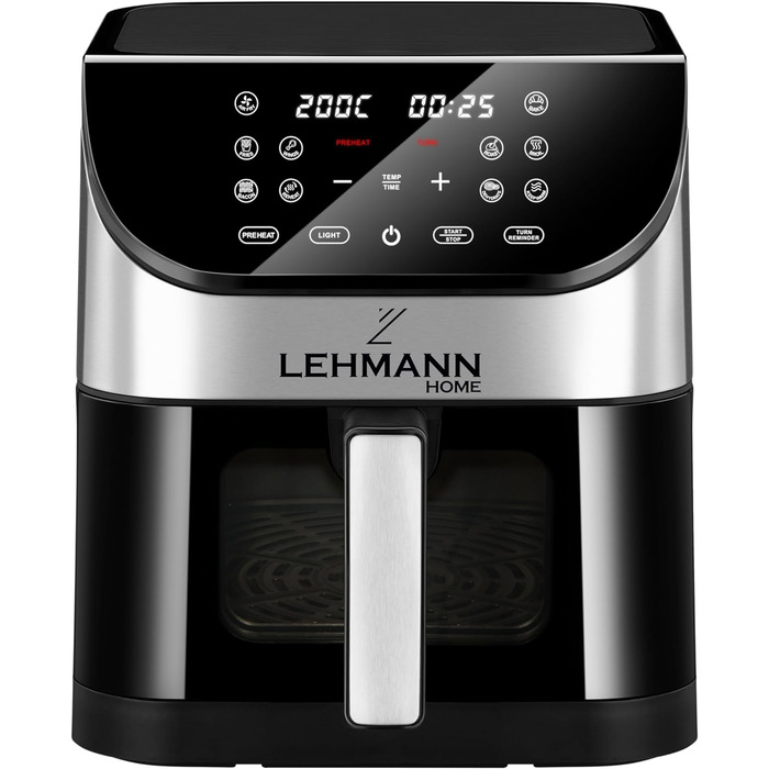 Аерофритюрниця Lehmann 6 л, 10 програм, 1500 Вт, з таймером і LED-екраном, температура 76-200°C, олії не потребує