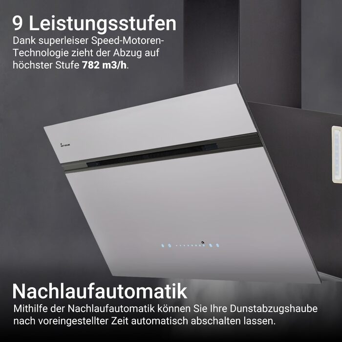 Витяжка для кухні KKT KOLBE AURORA6005FB 90 см, чорна з білим склом, потужність 782 м³/год, WiFi, RGBW LED-підсвітка, сенсорне керування, режим рециркуляції та відведення