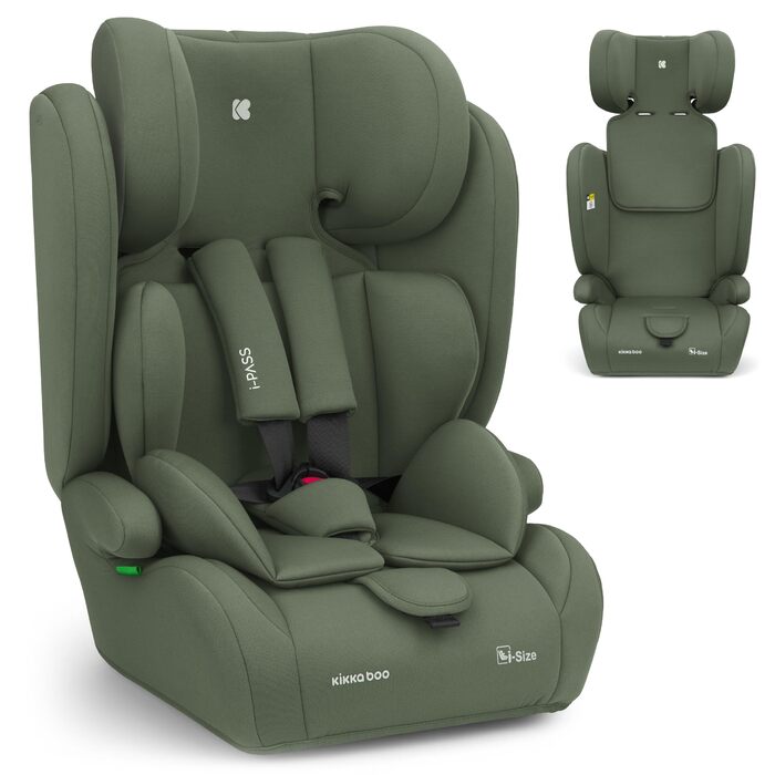 Автокрісло KikkaBoo i-PASS 9-36 кг, i-Size, Армійський зелений, для дітей 1-12 років (76-150 см), з регульованим підголівником