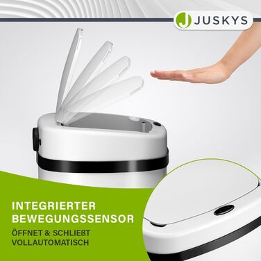 Відро для сміття Juskys з датчиком руху, 60 л, біле. Нержавіюча сталь, безконтактне відкривання, кутовий дизайн.