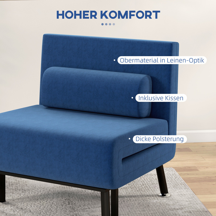 HOMCOM Диван-ліжко, Розкладне ліжко з функцією ліжка, Подушка для спини, Складне крісло з білизною, Регульована спинка, 75 x 70 x 75 см, Темно-синій