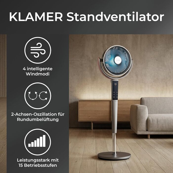 Вентилятор підлоговий KLAMER DC, з пультом, 12 режимів, нічний режим, 85° осциляція, таймер 8 год, 115 см, білий