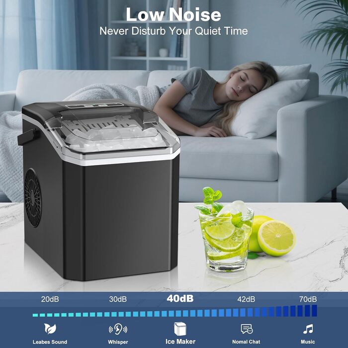Льодогенератор Ice Cube Maker 12 кг/24 год, швидке виробництво льоду (6-8 хв), 2 розміри кубиків, самоочищення, чорний - для дому, офісу, бару