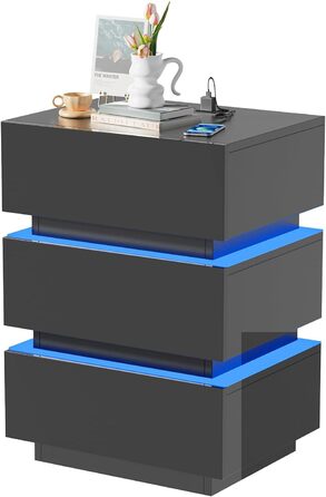 Тумба приліжкова Lvhecforhm з LED підсвіткою, USB та розетками, 16 кольорів, чорний глянець, з відкритими полицями