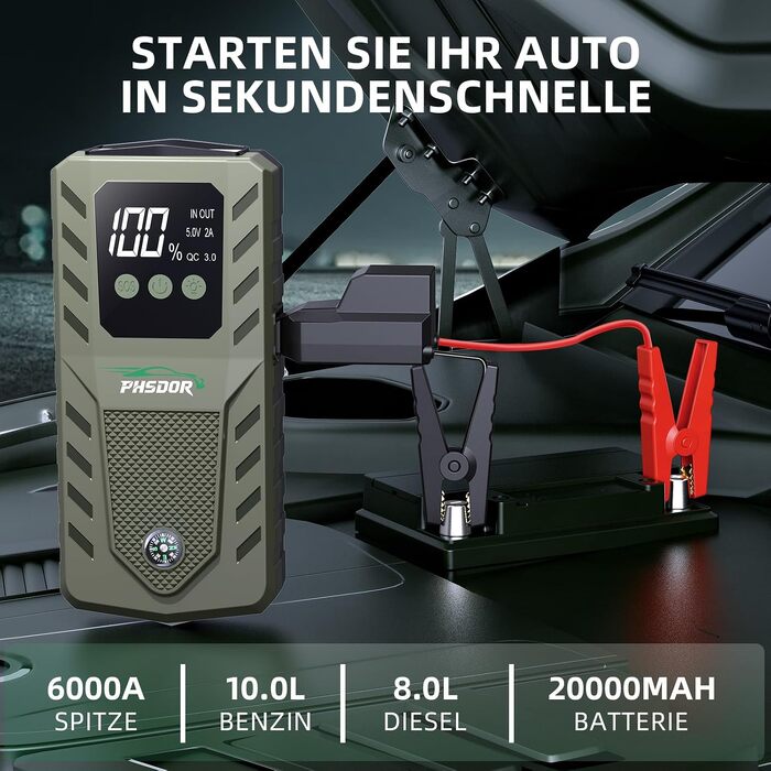 Бустер акумулятора 12V 6000A Jump Starter Powerbank 20000mAh для авто (бензин до 10.0L, дизель до 8.0L) з LED ліхтарем