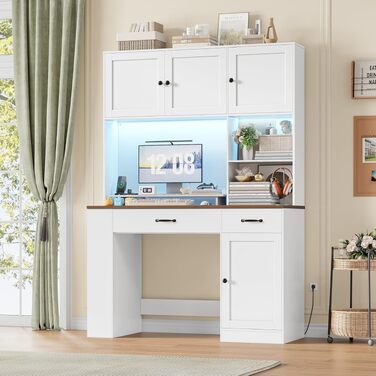 Письмовий стіл FirFurd 180x120x50 см з шухлядами, поличкою та LED підсвіткою, білий. Комп'ютерний стіл для дому, офісу, дитячої.
